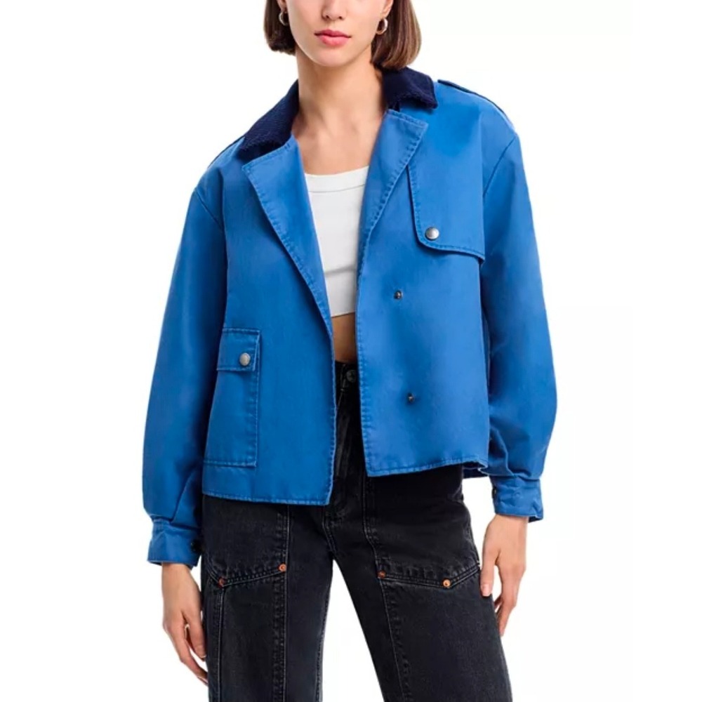 Steve Madden Blue Utility Jacket Corduroy Collar Cropped Barn Coat Large NWT